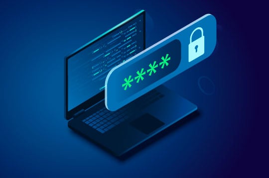 Password prompt with lock icon next to it floating in front of a laptop 