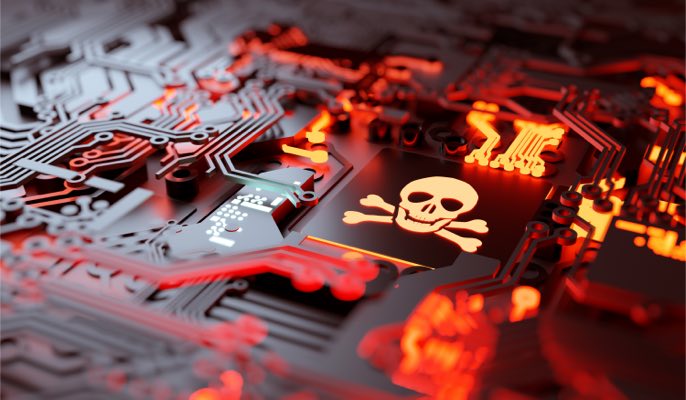Skull and crossbones on a chip in a red glowing motherboard