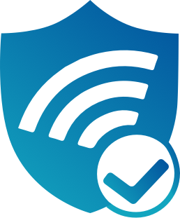 Blue shield with a white wi-fi logo and blue checkmark in a white circle on top