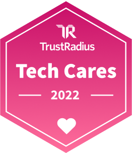Pink hexagonal TrustRadius Tech Cares 2022 Award badge