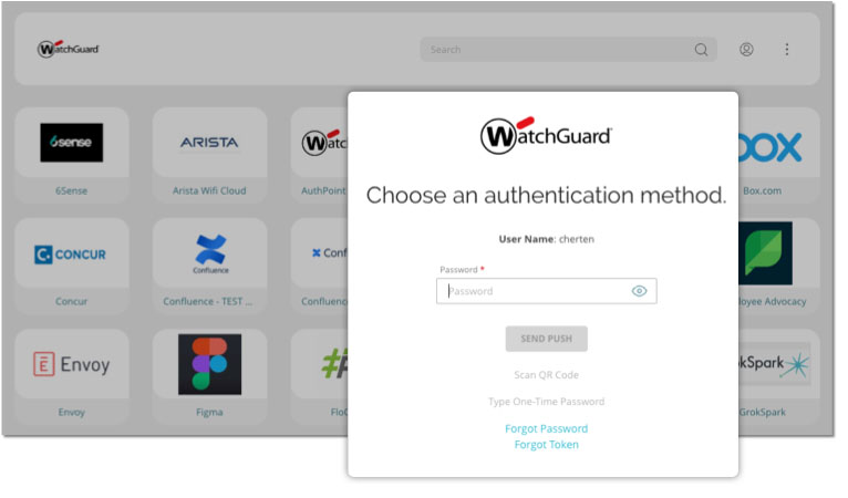 WatchGuard SSO Portal with an AuthPoint Verification popup in front of it