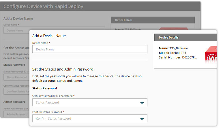 WatchGuard Cloud dashboard with RapidDeploy add device screen enlarged