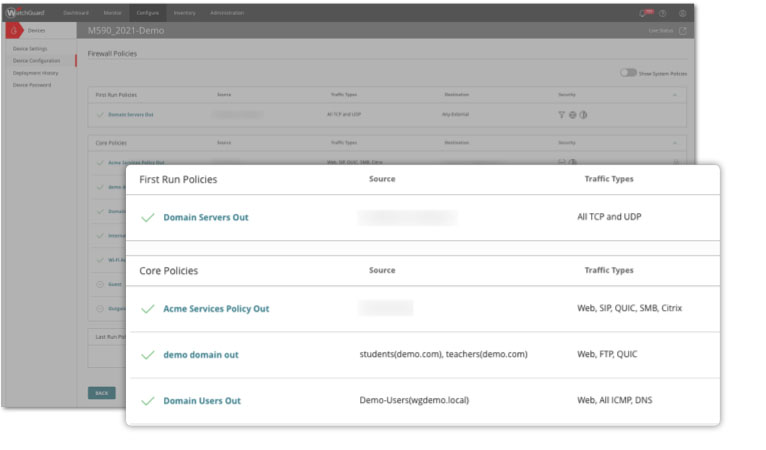 WatchGuard Cloud dashboard with the policy screen enlarged