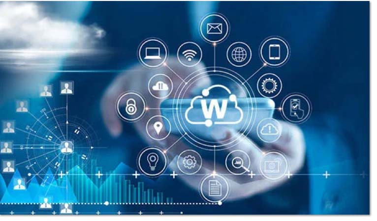 WatchGuard Cloud logo inside a circular cloud of management icons with hands holding a mobile phone behind it