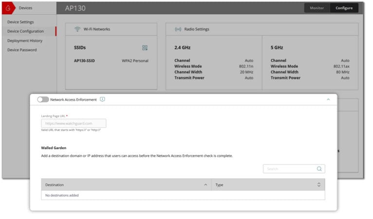 WatchGuard Cloud dashboard with Network access enforcement screen overlaid on an AP130 device detail screen