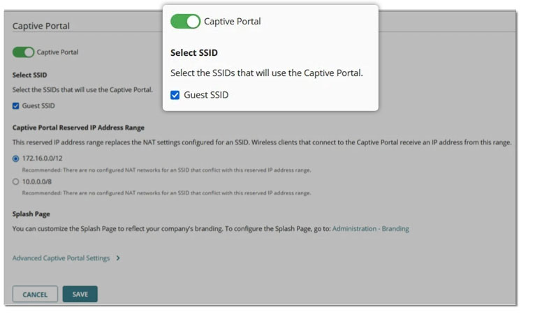 WatchGuard Cloud dashboard with enlarged Captive Portal selection 