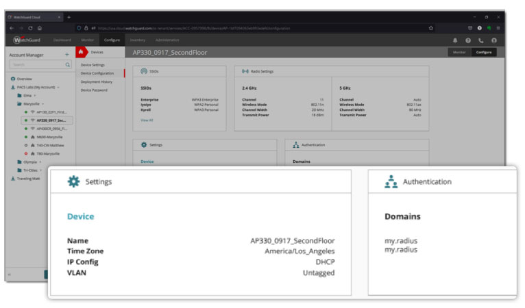 WatchGuard Cloud dashboard with settings tile zoomed in