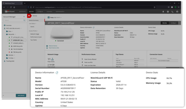 WatchGuard Cloud dashboard with Access Point device information detail screen enlarged