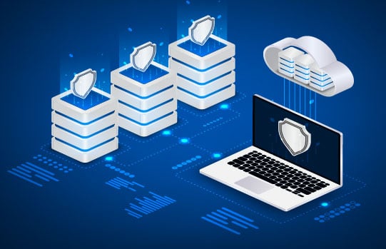 Illustration showing a Cloud above a shielded laptop in front of 3 shielded servers