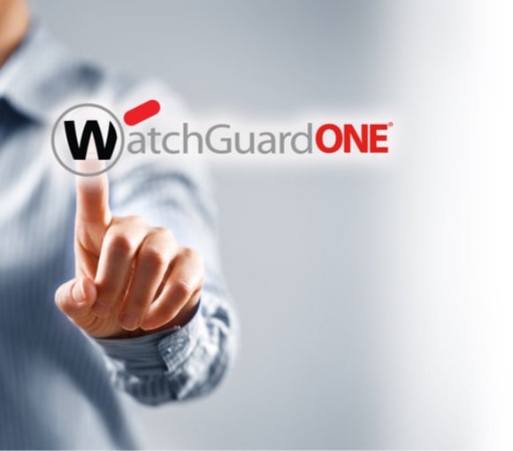 WatchGuardONE logo with someone pressing the back of the W with his index finger