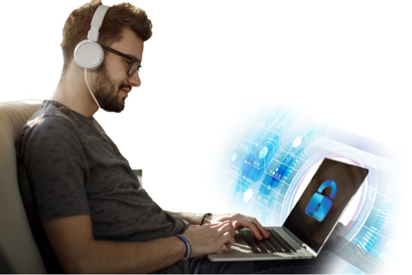 Man in glasses with white headphones working on a laptop with a blue lock icon on the screen