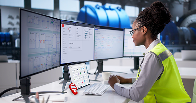Woman in a high visibility vest working at several monitors with a red hardware token sitting on the desktop
