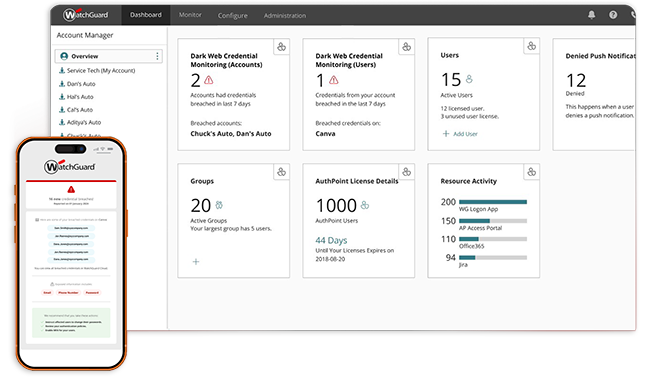WatchGuard AuthPoint dashboard with a phone showing AuthPoint MFA next to it