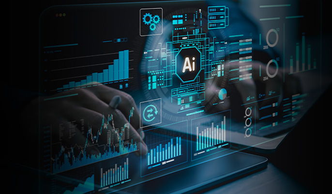 AI icon in the missle of a graph pattern on a reflected computer screen