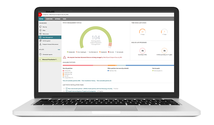 WatchGuard Patch Management dashboard on an open laptop screen
