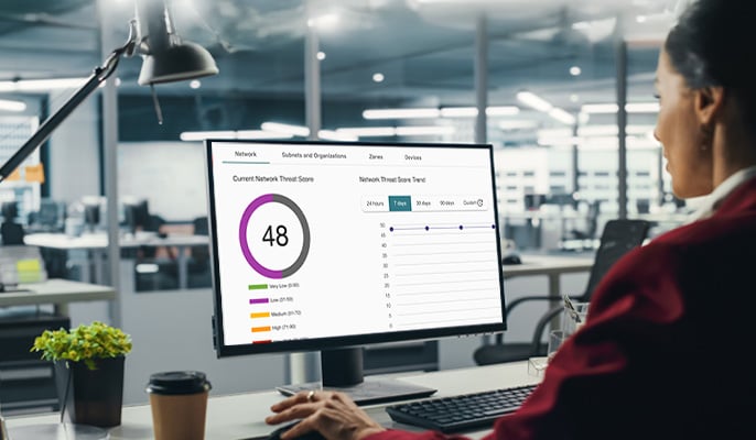 woman working in an open office with WatchGuard Cloud on her monitor