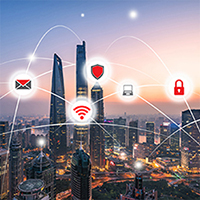 Image: Security Service icons over cityscape