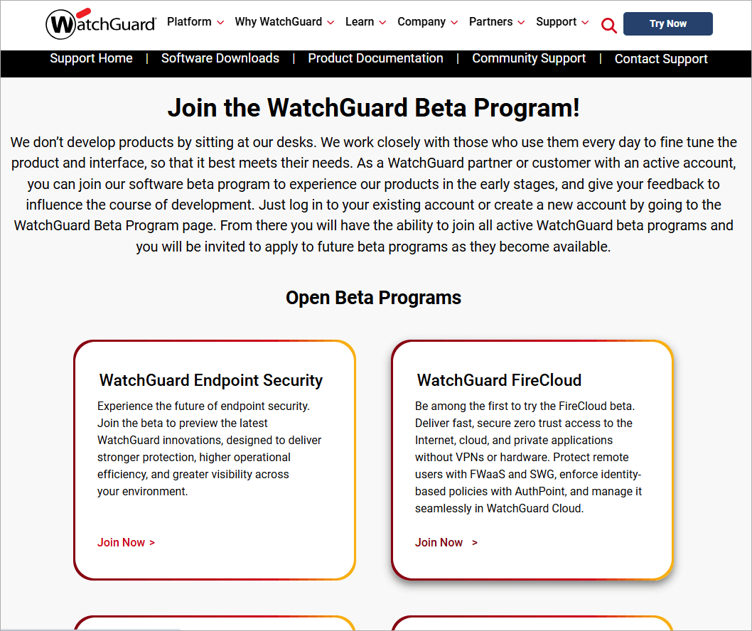 Watchguard beta program webpage 