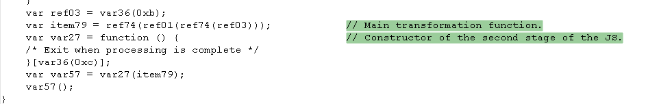 Obfuscated JavaScript code showing the transformation function used to construct the second stage of the malware infection chain.