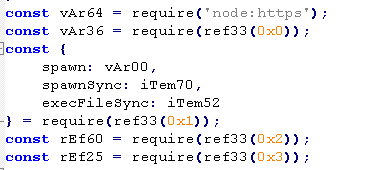 Node.js malware code importing HTTPS and process execution functions used to orchestrate the multi-stage infection chain.