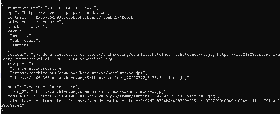 Malware output showing an Ethereum smart contract query used to dynamically retrieve attacker infrastructure and payload locations.