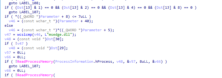 Reverse-engineered malware code searching for msedge.dll and reading Microsoft Edge process memory during browser monitoring.