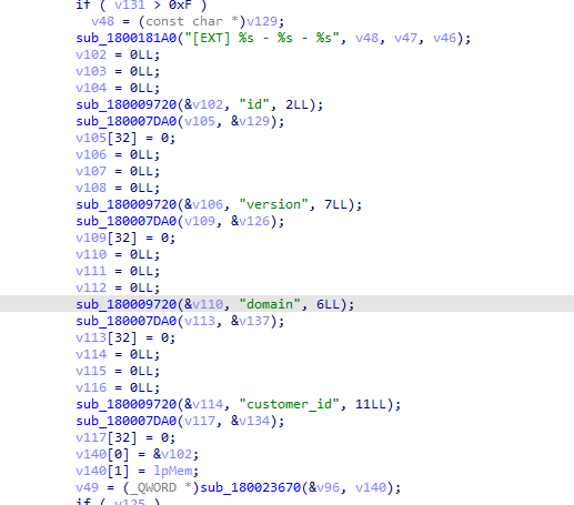 Reverse-engineered malware code preparing browser extension data including ID, version, domain, and customer identifier for reporting to attacker infrastructure.