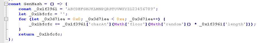 Malicious Chromium browser extension code generating a random HashClient identifier used to track an infected browser instance.