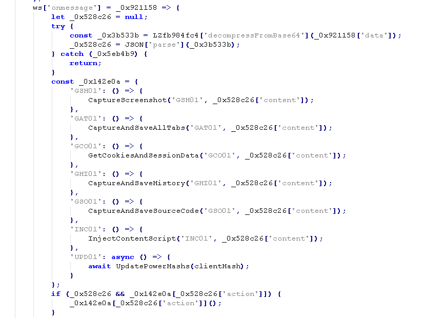 Malicious Chromium browser extension code processing command-and-control instructions to capture screenshots, enumerate tabs, steal cookies and session data, collect browsing history, extract page content, and inject scripts.