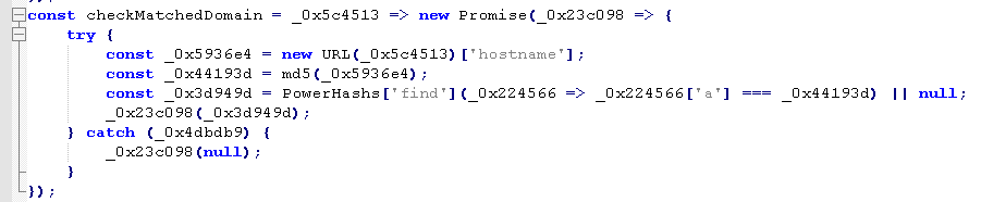 Malicious Chromium browser extension code hashing a website hostname and comparing it against attacker-provided target domains before activating specific browser actions.