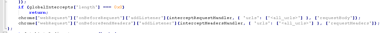 Malicious Chromium browser extension code registering webRequest listeners to monitor outgoing HTTP requests, request bodies, and headers.