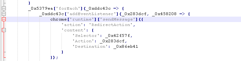 Malicious Chromium browser extension code intercepting configured page events and sending a redirect action with the targeted selector and destination URL.