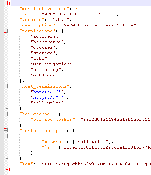 Manifest file for the malicious MPEG Boost Process browser extension showing permissions to access tabs, cookies, scripting, web requests, and all HTTP and HTTPS websites.