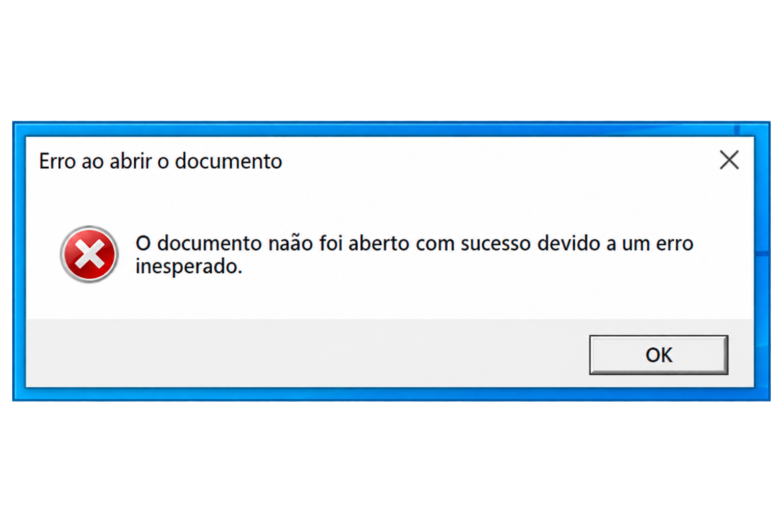 Portuguese error message displayed by the malware to make the victim believe a document failed to open while malicious activity continues in the background.