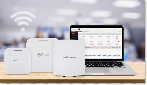 WatchGuard Access Points next to a laptop showing a management screen