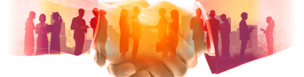Silhouettes of people in purple orange and red in front of two shaking hands