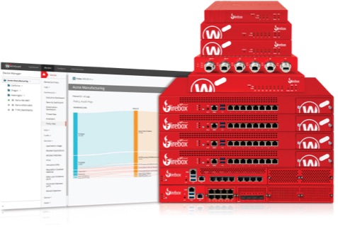 Stack of red Firebox appliances next to a WatchGuard Cloud screen