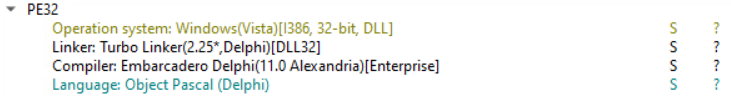PE32 file analysis showing a 32-bit Windows DLL compiled with Embarcadero Delphi 11.0 Alexandria and written in Object Pascal.