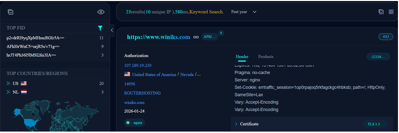 Threat intelligence interface showing an ErrTraffic-hosting website identified through the errtraffic_session value in the HTTP Set-Cookie header.