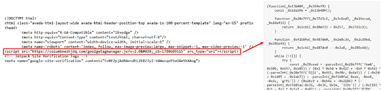 HTML source code showing a highlighted malicious script reference loading obfuscated JavaScript from a compromised website.