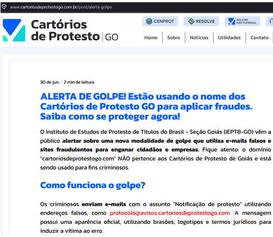 Screenshot of Cartórios de Protesto GO warning about phishing emails and fraudulent websites impersonating Brazilian notary offices.